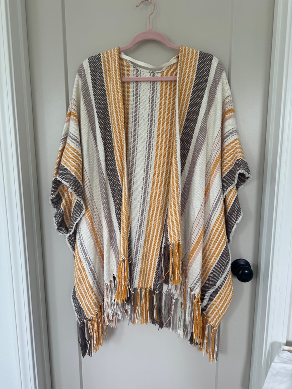 American Eagle Outfitters Striped Fringe Kimono in Mustard, Cream & Brown